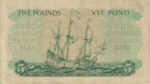 Alternative view of UNION OF SOUTH AFRICA 5 Pounds 1957 M.H.De Kock #197 C/57 923345 E/A VF