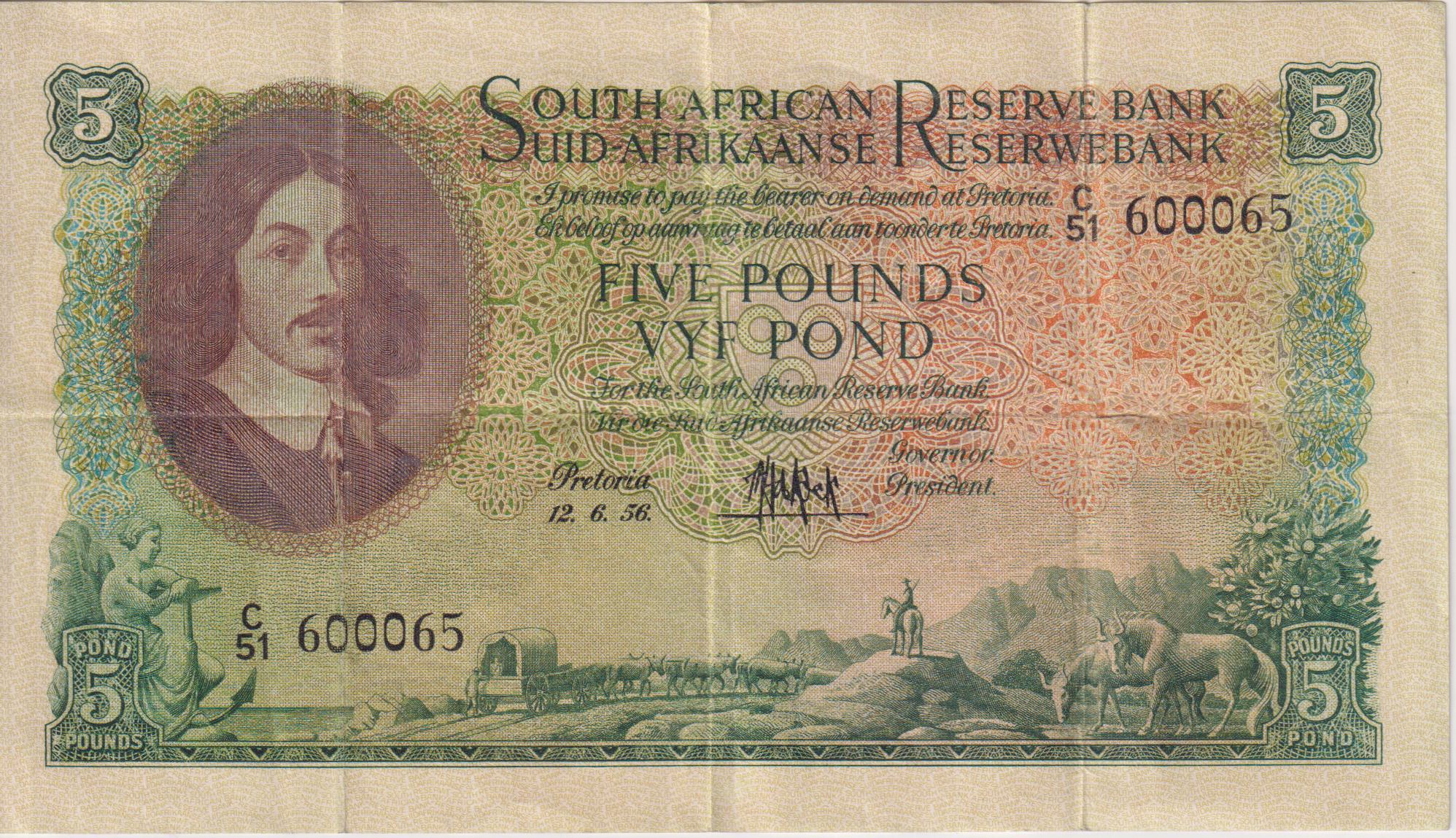 UNION OF SOUTH AFRICA 5 Pounds 1956 M.H.De Kock #196 C/51 600065 E/A VF