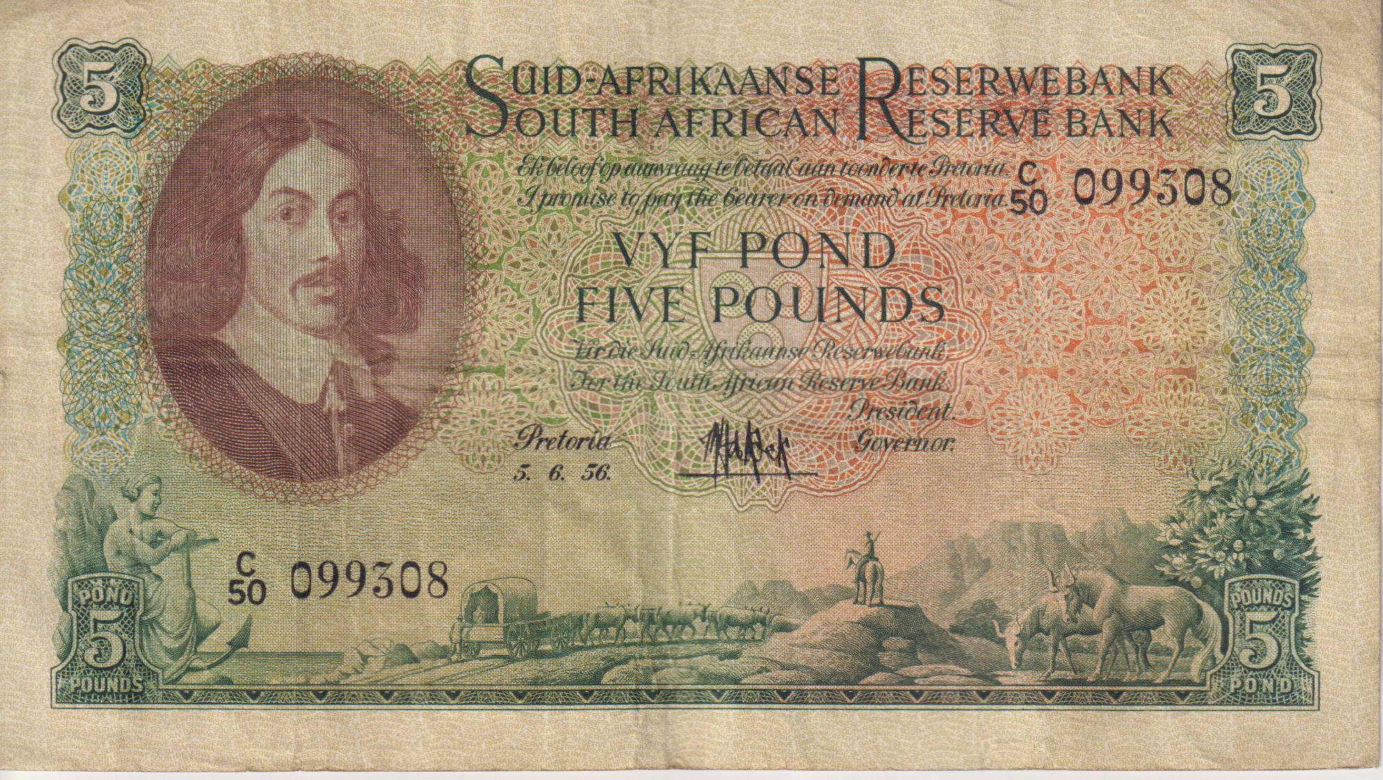 UNION OF SOUTH AFRICA 5 Pounds 1956 M.H.De Kock #196 C/50 099308 E/A F