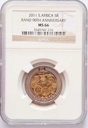 SOUTH AFRICA - 2011 Five Rand 90TH Anniversary NGC SLABBED MS66