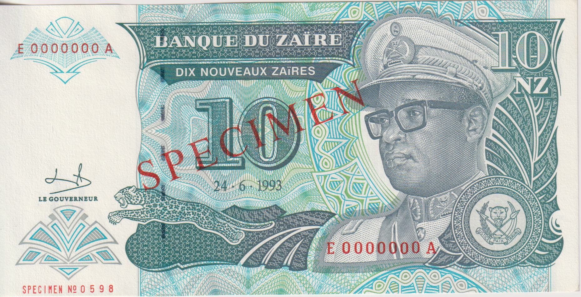 ZAIRE 10 Nouveaux Zaïres 1993 P55s UNC - SPECIMEN