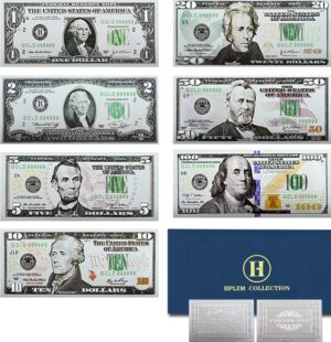 USA DOLLAR SILVER FOIL BANKNOTES - 1,2,5,10,20,50&100 DOLLAR SET - BEAUTIFUL GIFT WITH CERTIFICATE