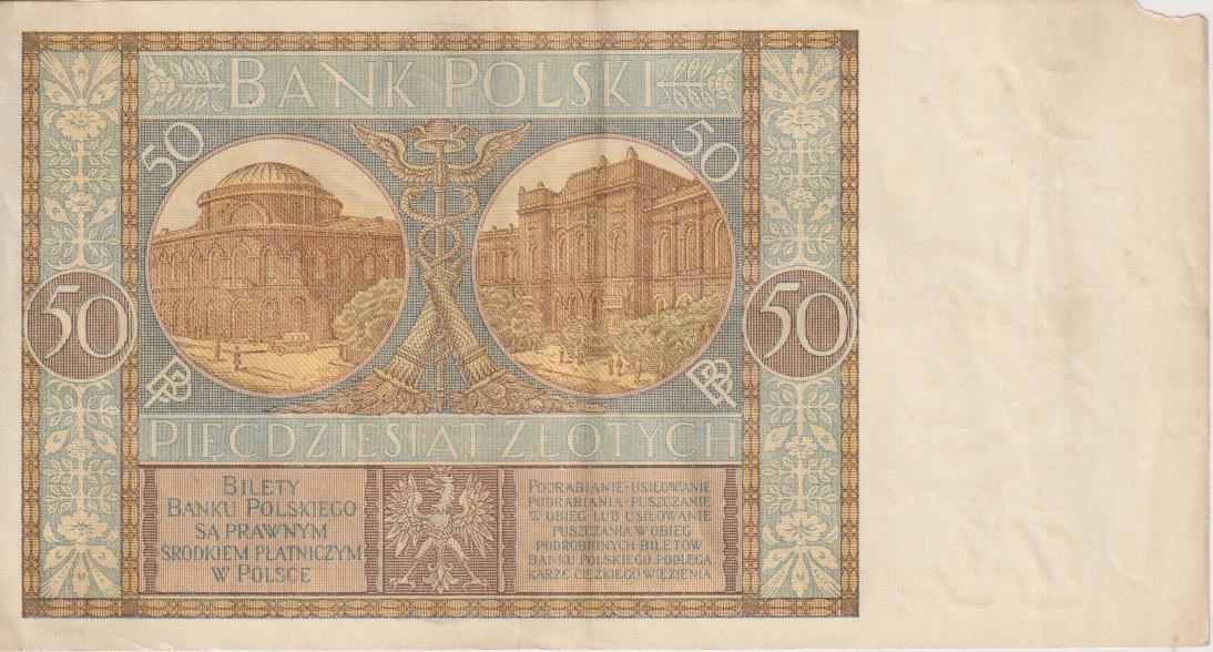 POLAND 50 ZLOTYCH 1929 P71 VG (missing corner) - Image 2