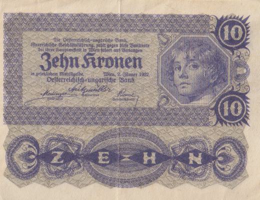 AUSTRIA 10 Kronen 1922 P75 VF