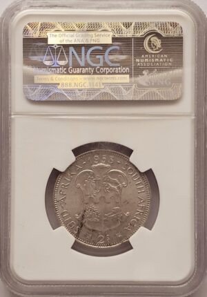 Alternative view of UNION OF SOUTH AFRICA - 1953 0.500 Silver 2 Shillings NGC SLABBED MS 62