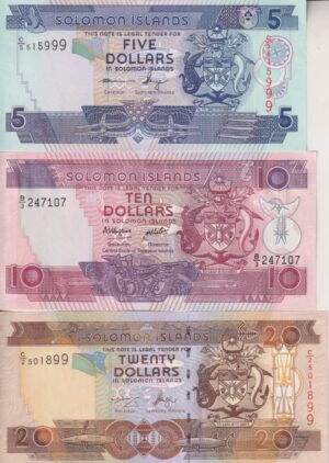 Solomon Islands 5, 10, 20 Dollars Set 2004-2018 ND P-26-28 UNC