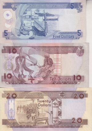 Alternative view of Solomon Islands 5, 10, 20 Dollars Set 2004-2018 ND P-26-28 UNC