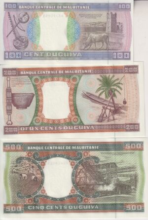 Alternative view of Mauritania 100, 200, 500 Ouguiya Banknote Set 2002 P-4-8 UNC