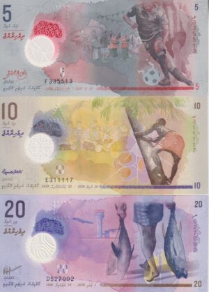 Maldives Set 3 - UNC 5 10 20 Rufiyaa Polymer P 26A (A26) 26 27 UNC