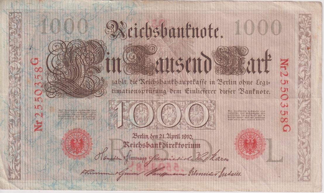 GERMANY Reichsbanknotes 1000 Mark 1910 P13 VF - Red Seals (Copy)