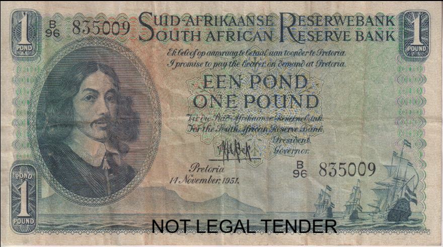 UNION OF SOUTH AFRICA 1 Pound 1951 M.H.De Kock #124 B96 835009 A/E VF