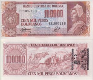 BOLIVIA 100,000 Peso Overprinted 10 Centavos de Boliviano 1987 P196A UNC
