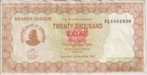 Zimbabwe 20,000 Dollars Bearer Cheque 2003 P23 VF