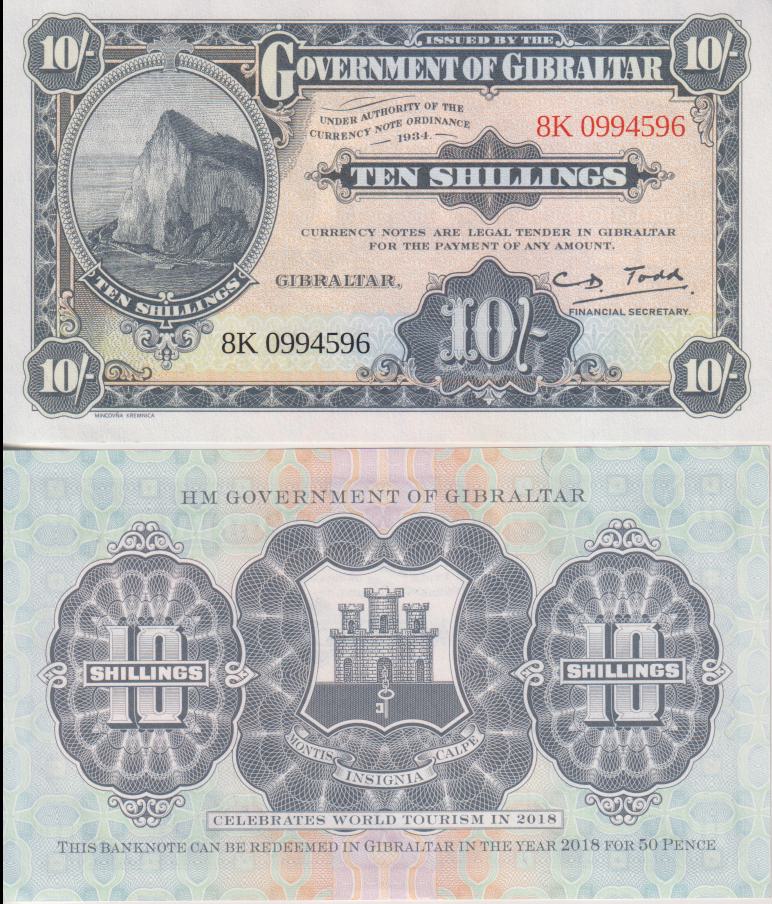 GIBRALTAR 10 Shillings World Tourism Year 2018 P41a UNC