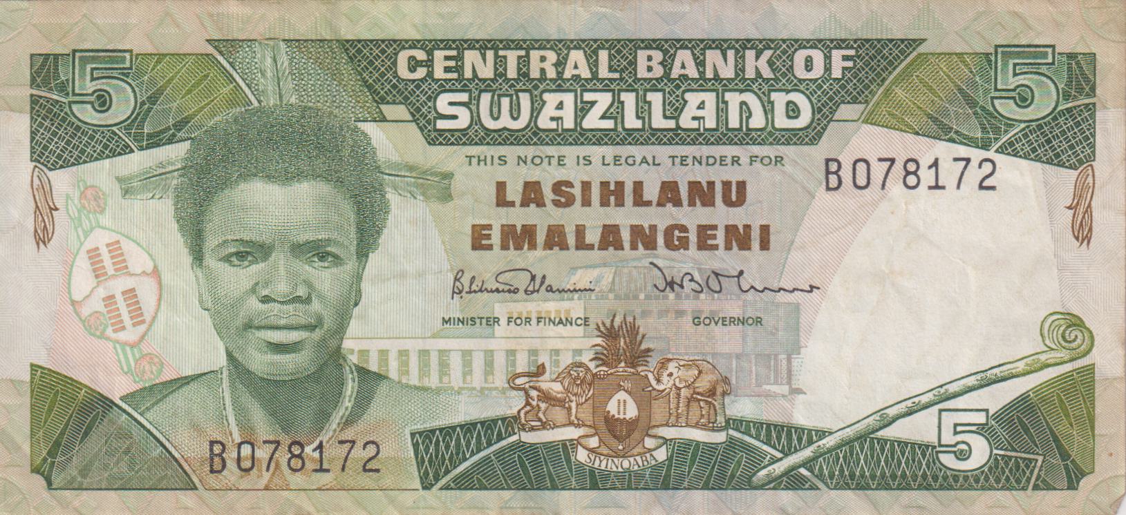 SWAZILAND 5 Emalangeni 1987 P14 VF