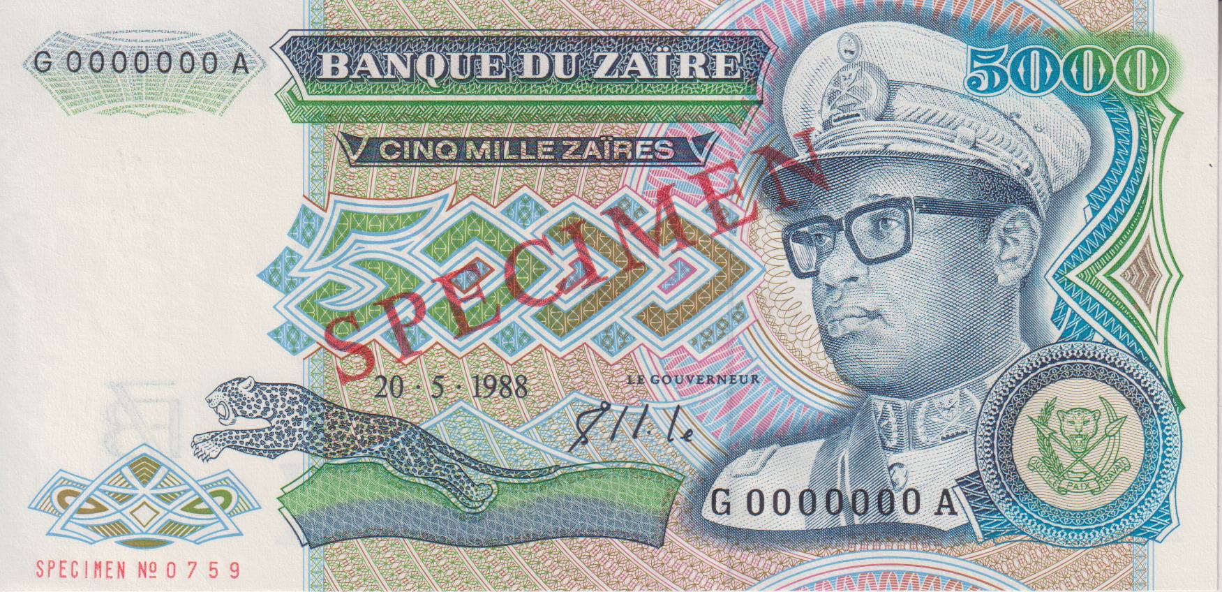 ZAIRE 5000 Zaïres 1988 P37s UNC - SPECIMEN NOTE
