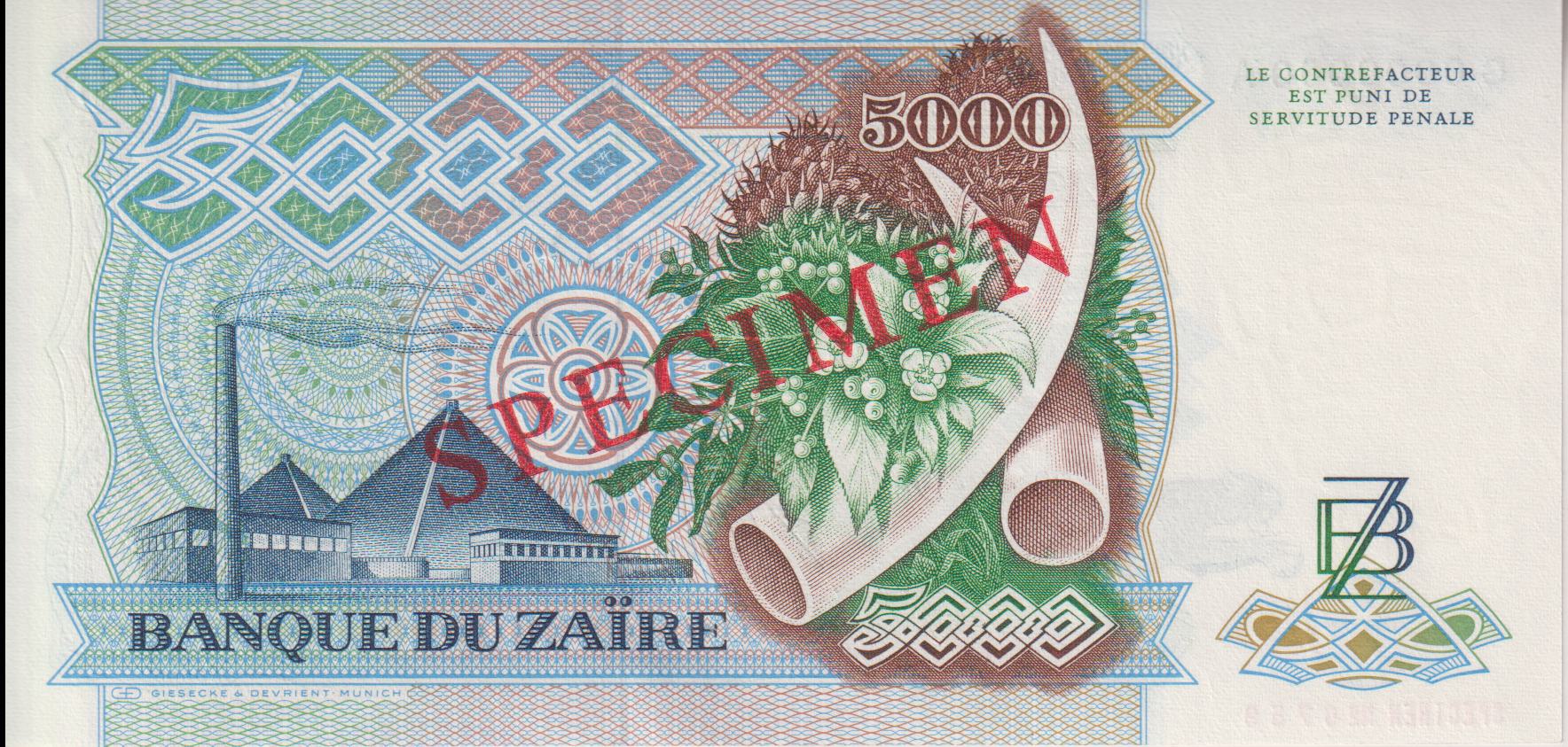 ZAIRE 5000 Zaïres 1988 P37s UNC - SPECIMEN NOTE - Image 2