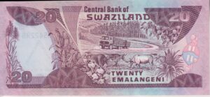 Alternative view of Swaziland 20 Emalangeni 1989 – King Mswati’s 21st Birthday – P17 – UNC