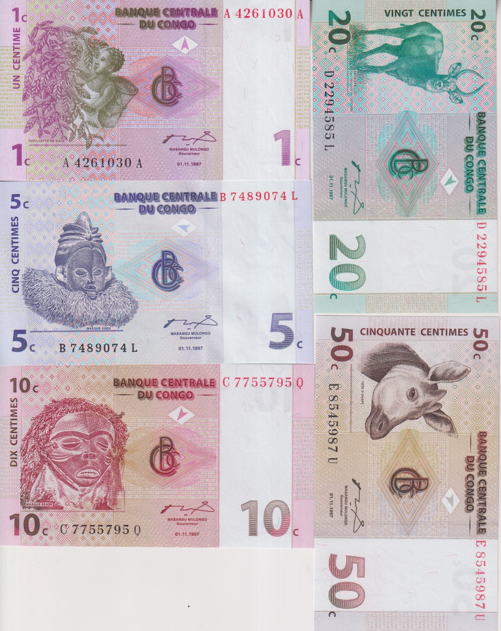 CONGO (DRC) 1-50 Centime 1997 P80,81,82,83,84 UNC set