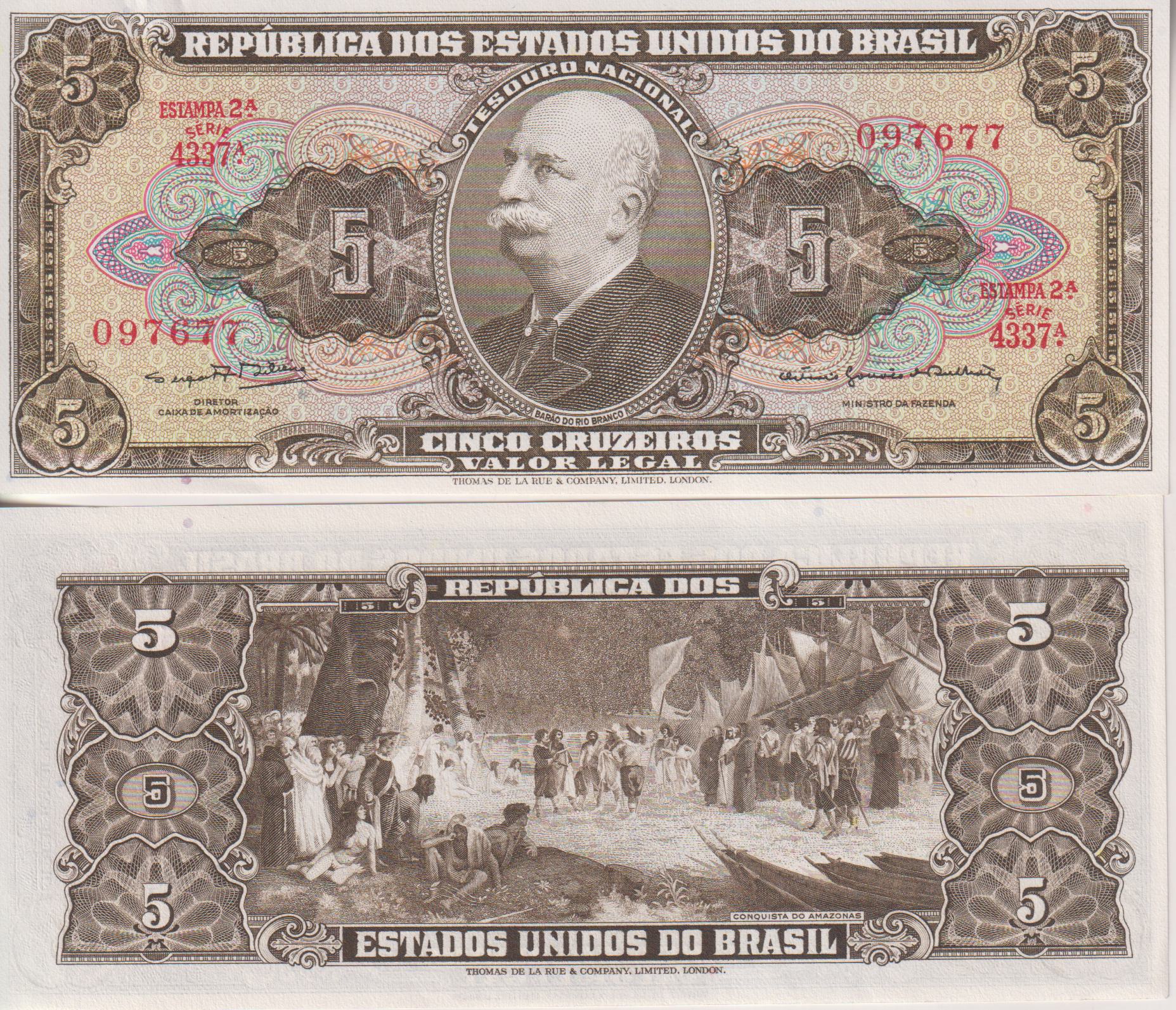 BRAZIL 5 Cruzeiros 1964 P176 UNC