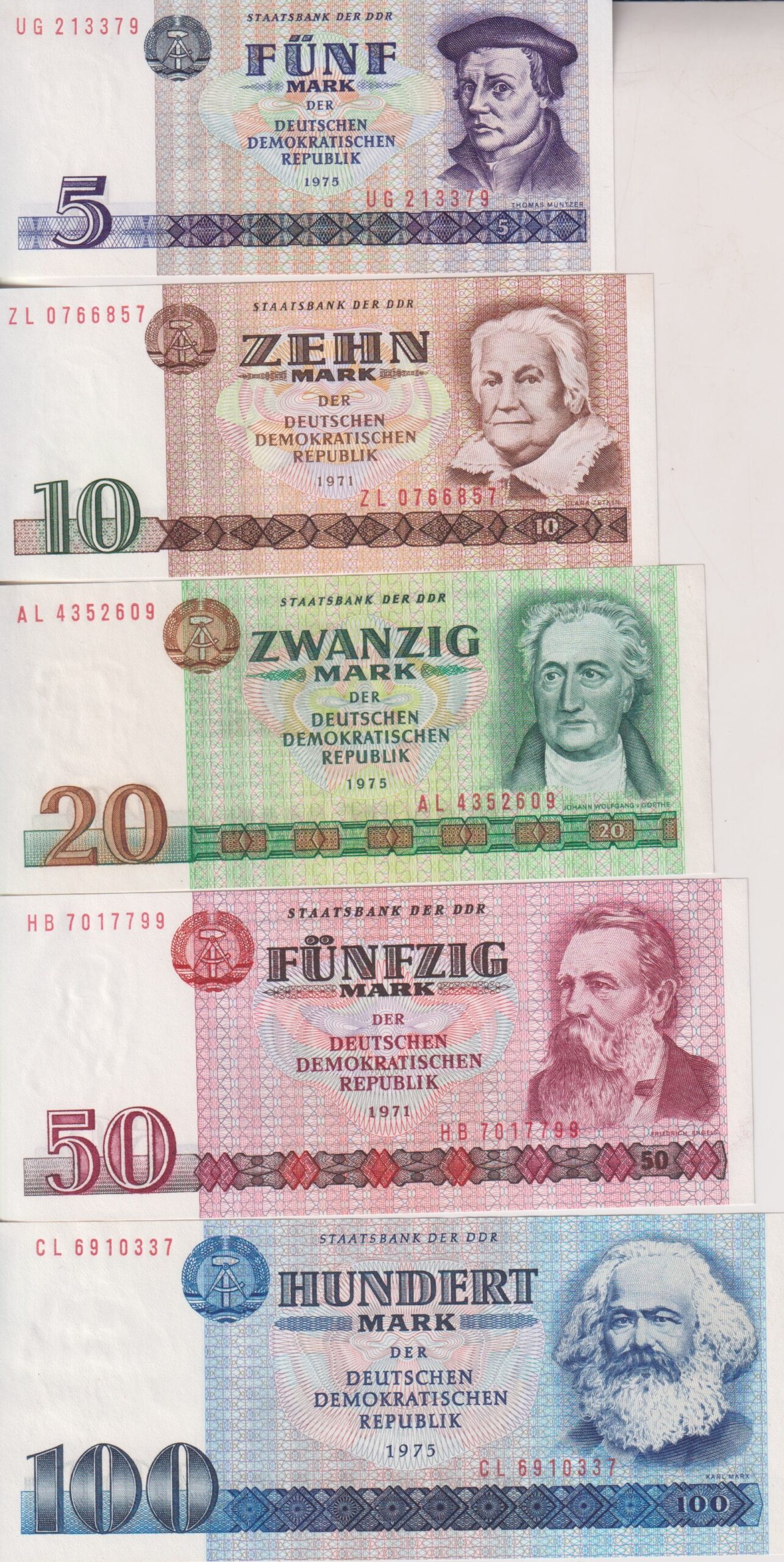 EAST GERMANY (DDR) 5-100 Mark (1971/1975) (P27-31) UNC (5 UNC BANKNOTES)
