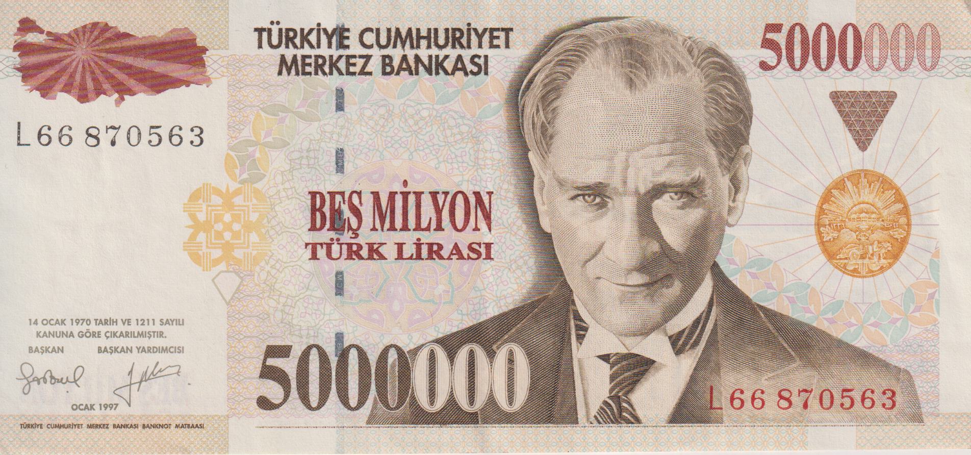 TURKEY 5,000,000 Lira 1997 P210 XF