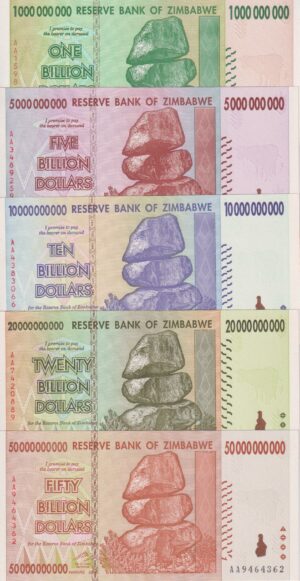 Zimbabwe 1- 50 Billion Dollars 2008 P83- P87 UNC - 5 Banknotes