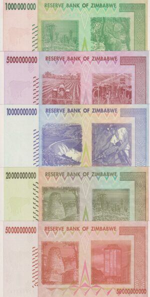 Alternative view of Zimbabwe 1- 50 Billion Dollars 2008 P83- P87 UNC - 5 Banknotes