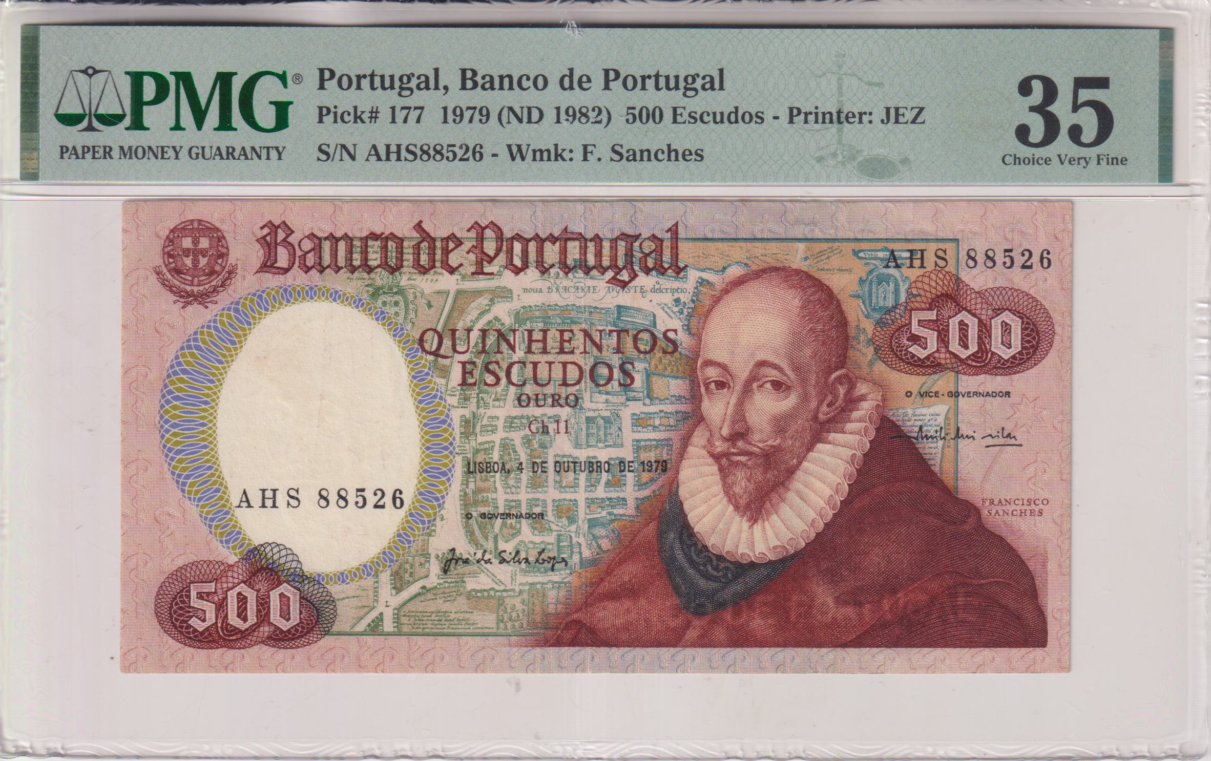 PORTUGAL 500 Escudos 1979 (ND 1982) P177 Choice Very Fine 35 - Grader PMG