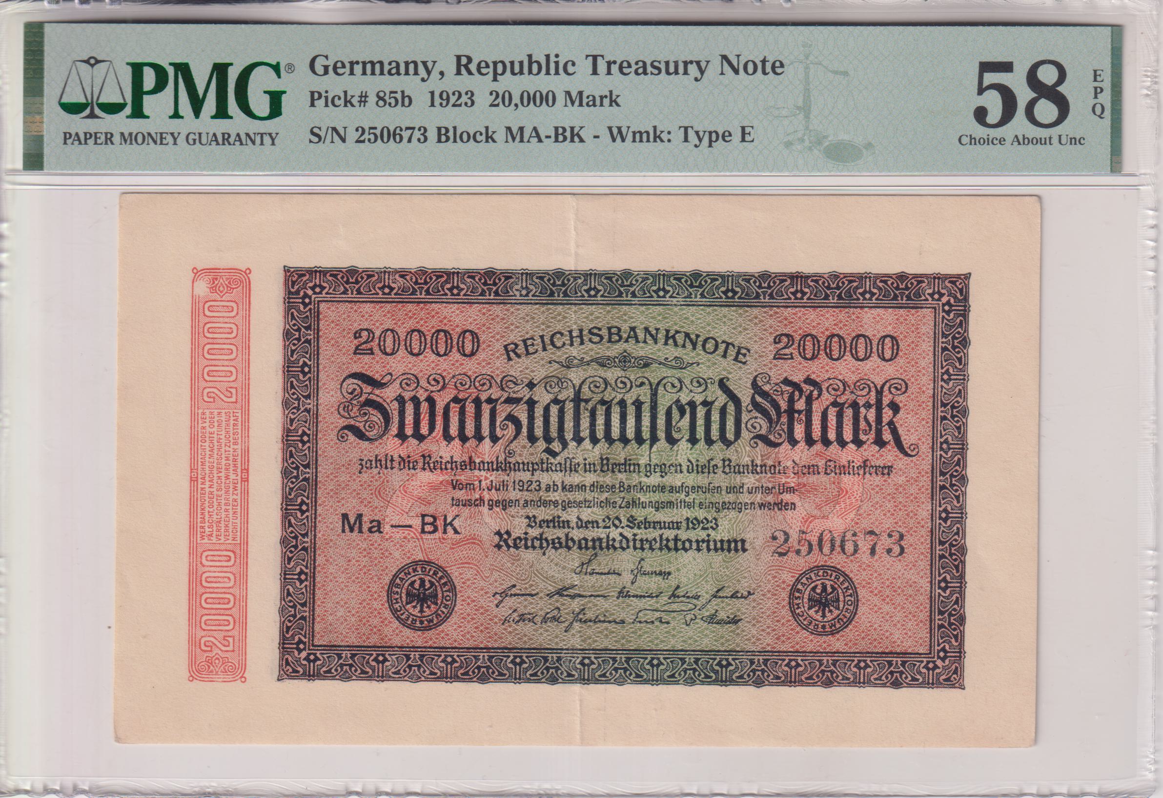 GERMANY 20,000 Mark 1923 P85b Choice About UNC 58 - Grader PMG