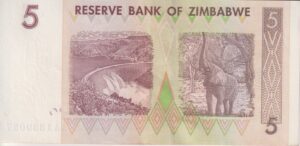 Alternative view of Zimbabwe 5 Dollars 2007 P66  UNC