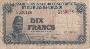 Belgian Congo, Rwanda and Urundi 10 Francs 1958 P30 F