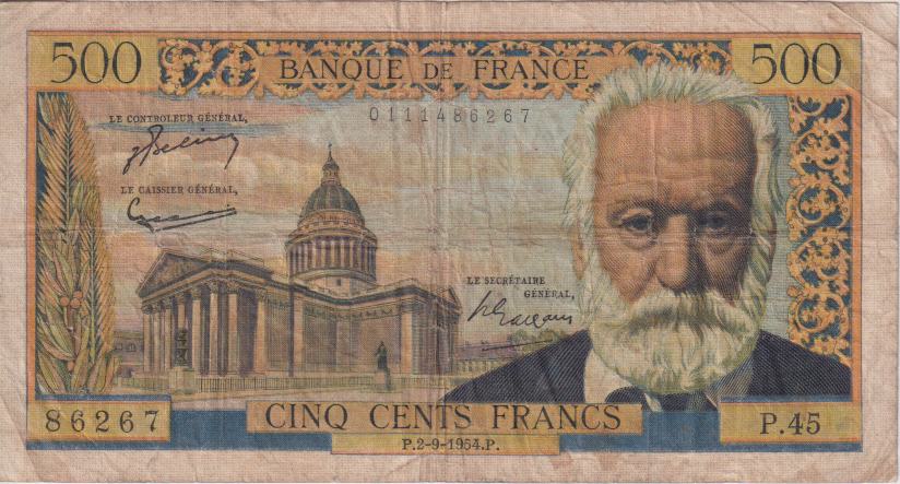 FRANCE 500 FRANCS Victor Hugo 1954-55 P133a F (pin holes)