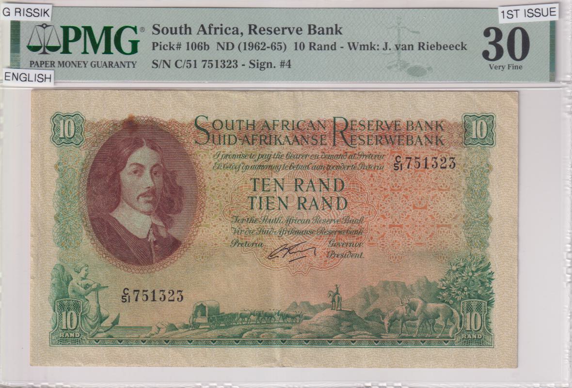 SOUTH AFRICA 10 Rand G.Rissik 1962-65 P106b Very Fine 30 - Grader PMG