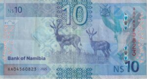 Alternative view of NAMIBIA 10 DOLLARS 2025 P20a Polymer VF
